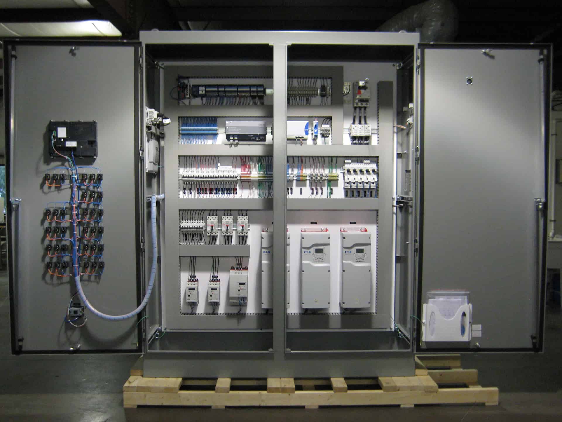 High-voltage industrial electrical control panel showcasing advanced automation and safety features for manufacturing and industrial applications.